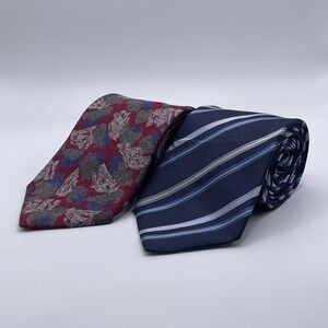 Givenchy Ties LOT OF 2 Blue Stripe Red Geometric All Over Print Silk Italy